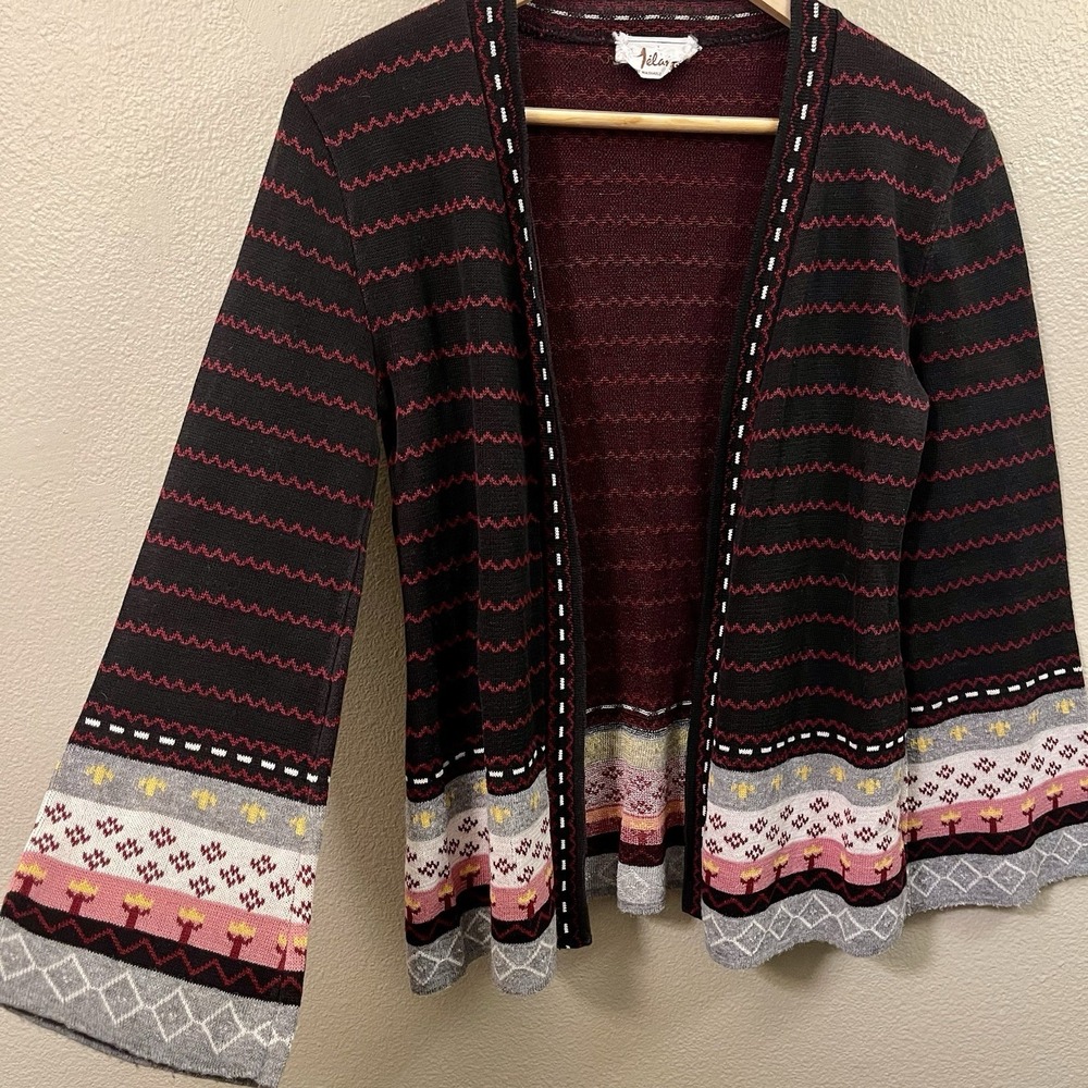 VTG Melange Open Knit Cardigan Novelty Print Multicolor Boho Forrest Whimsy Sz S